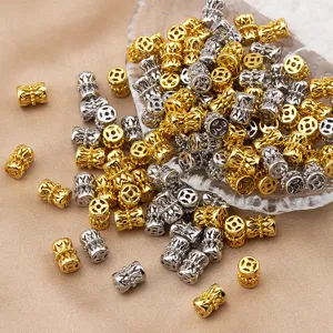 Gold and silver hollow barrel beads, metal spacer beads for DIY jewelry and necklaces.