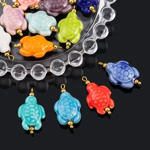 Colorful ceramic turtle charms detail shot for DIY bracelets and necklaces jewelry making.