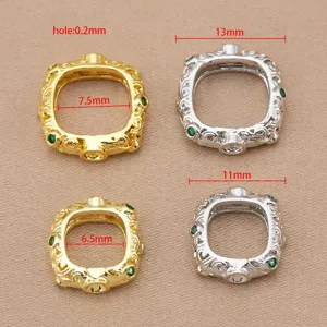 Gold and silver plated square filigree jewelry connectors with green stones for DIY crafting.