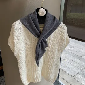 Korean style soft knit triangular scarf and white cable knit short sleeve top set for women autumn.