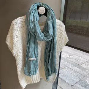 Korean Style Pleated Scarf For Women Solid Color Elegant Long Shawl Minimalist Lightweight Polyester Pashmina Spring Accessory