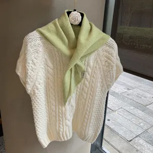 Korean soft knitted triangle scarf with white short sleeve top set for autumn fashion style.