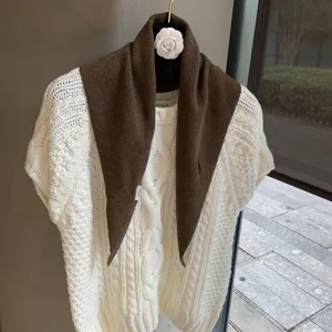 Dark brown knitted triangle scarf soft autumn fashion neck warmer small shawl detail view