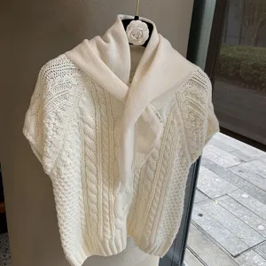 Detailed view of white knit short sleeve top with matching small scarf shawl for women.