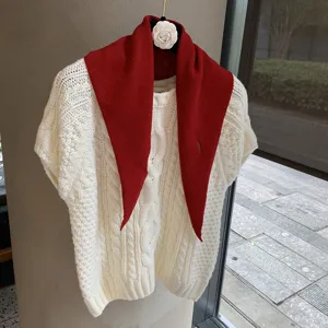 Korean style knit short sleeve top with red triangle scarf set, soft and cozy autumn wear details.
