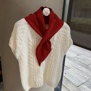Korean style knitted short sleeve top with red triangle scarf elegant women outfit set