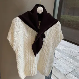 Korean style soft knit triangular scarf for women, cozy autumn winter solid color warm small shawl.