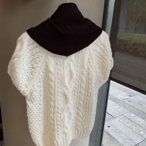 Korean style knitted short sleeve sweater with dark brown hood scarf, soft and cozy chic top.