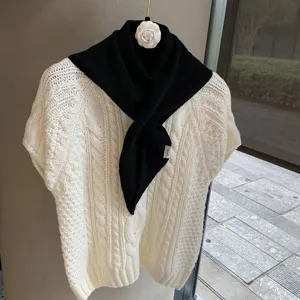 Women cable knit short sleeve sweater with black triangular scarf set cozy autumn top