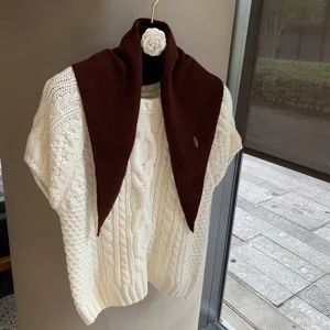 Knitted short sleeve top with triangle scarf detail, cozy Korean style winter sweater.