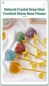 Close-up detail of the colorful crystal epoxy crushed stone rose with elegant gold metal stem.