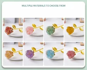 Artificial crystal resin rose flower craft ornament with gold stem, home decor gift