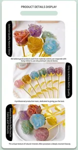Detailed view of colorful crystal resin rose craft with gold stem and natural stone.