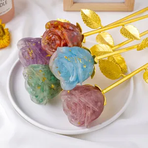 Crystal resin rose flower with gold stem, handmade art gift for wedding Valentine day.