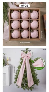 Pink linen christmas ball ornaments and large bow set for holiday tree decoration.