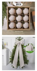 Christmas burlap ball ornaments set and large tree bow decoration for holiday party decor.