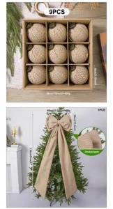 Burlap Christmas ball ornaments and large tree bow set, rustic holiday decoration props.