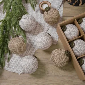 Burlap Christmas tree ornaments set with metallic caps for holiday home decor and DIY party.