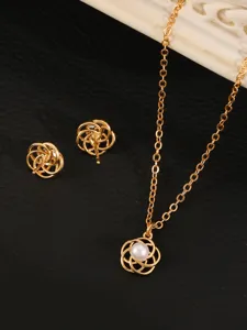 Gouden uitgeholde bloem parel ketting en oorbellen set, elegante dagelijkse sieradenset.