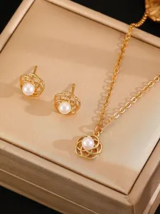 Gouden holle bloem parel ketting en oorknopjes set, elegante dames sieraden cadeau.