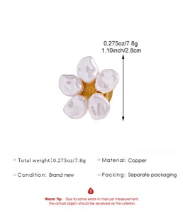 Detail view of baroque pearl flower collar pin with clear size and weight specifications.