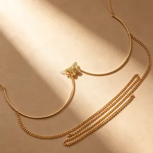 Gold butterfly body chain, stylish metal bikini chest harness for women party jewelry.