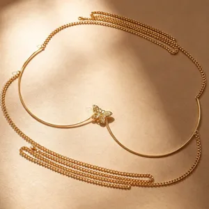 Gold butterfly body chain chest support bikini harness stylish party jewelry for women