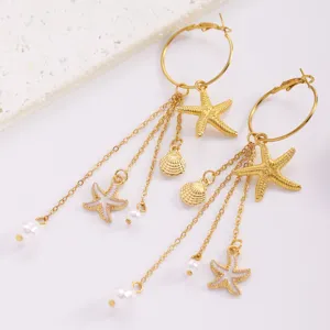 Detailed shot of ocean-inspired gold hoop earrings with starfish, shell, and pearl charms.