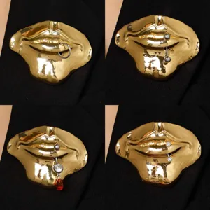 Exaggerated Lip Brooch Surrealist Gold Plated Alloy Rhinestone Piercing Lips Pin Fashion Clothing Bag Decor Jewelry