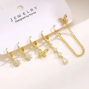 Gold rhinestone butterfly flower hoop earrings set stacking ear cuff piercing jewelry