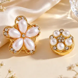 Exquisite floral collar button with faux pearls and rhinestones, elegant accessory.
