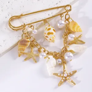 Vacanze estive stile spiaggia conchiglia stella marina spilla perla oro spilla di sicurezza