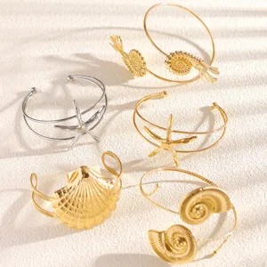 Ocean beach style open arm cuff set gold silver starfish shell upper arm bracelet for women