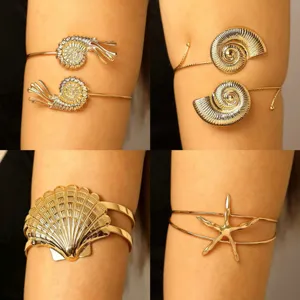 Brazalete Abierto de Aleación de Cinc de Moda Vacaciones en la Playa Caracola Estrella de Mar Concha Pulsera de Brazo Ajustable para Mujer Joyería