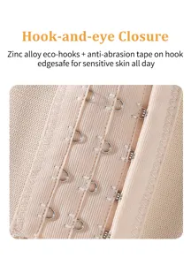 Close-up detail of women's shapewear hook and eye closure, breathable nude fabric texture.