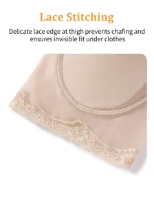 Detail view of women's high waist shapewear with delicate lace edge for tummy control.
