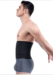 Detail view of black breathable waist trainer and abdominal binder for men, supportive shaper.