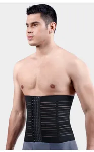 Men's black waist trainer detail showing breathable compression fabric and hooks.