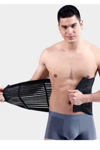 Men black breathable mesh waist trainer abdominal binder detail view for fitness and core support.