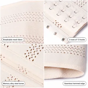 Breathable mesh waist trainer with 3 rows 13 hooks, memory steel bones, seamless edge.
