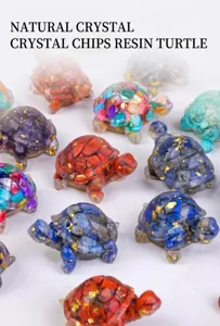 Crystal chip resin turtle figurine detailed view, handmade gemstone turtle home decor.
