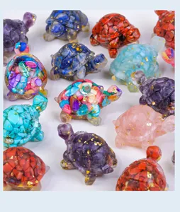 Crystal stone resin turtle figurine detail view, colorful decorative ornament for home office.