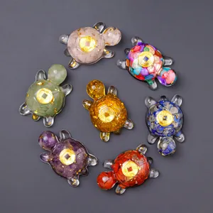 Natural crystal crushed stone epoxy turtle ornament resin craft home car decoration set