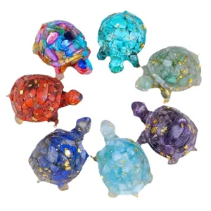 Natural crystal chip resin turtle figurines, colorful gemstone epoxy small animal crafts.