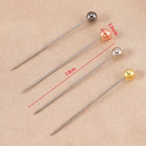 Stainless steel pearl head pins detail shot, multicolored round ball pins for DIY jewelry making.