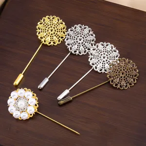 DIY filigree flower brooch pins set, vintage copper lace lapel pins for handmade jewelry making.