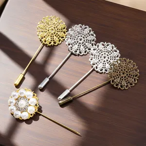 Vintage copper hollow lace brooch pins DIY accessories set, elegant pearl rhinestone designs.