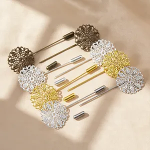 Metal filigree flower brooch pins DIY craft accessories, elegant vintage shawl hat pin findings.