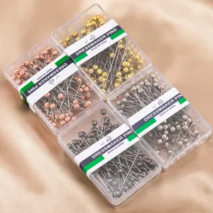 Stainless steel dressmaker pins with colorful ball heads in clear boxes for DIY sewing crafts