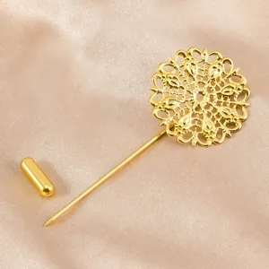 Gold filigree lace round brooch stick pin DIY craft metal jewelry accessory detail view.